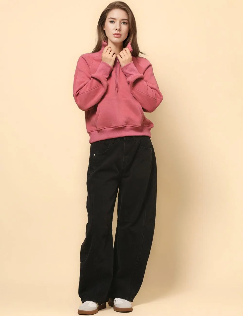 Ladies Solid Color Casual Zip Pullover Sweatshirt SKT4724