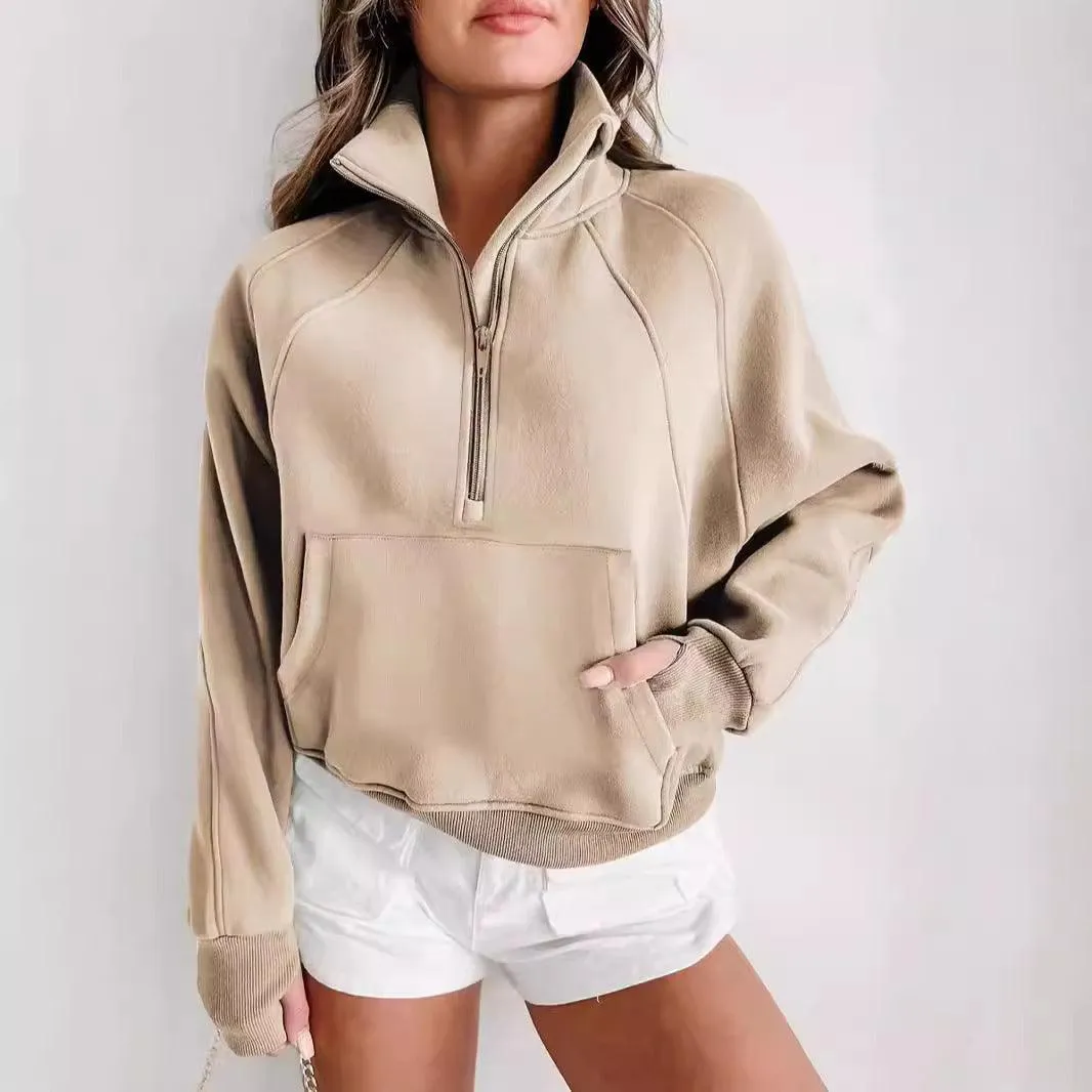 Ladies Solid Color Casual Zip Pullover Sweatshirt SKT4724