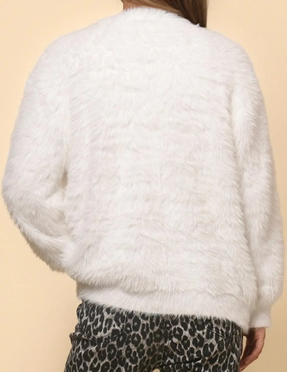Ladies Solid Color Faux Mink V-Neck Cardigan SKT4730