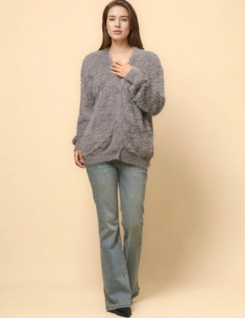 Ladies Solid Color Faux Mink V-Neck Cardigan SKT4730
