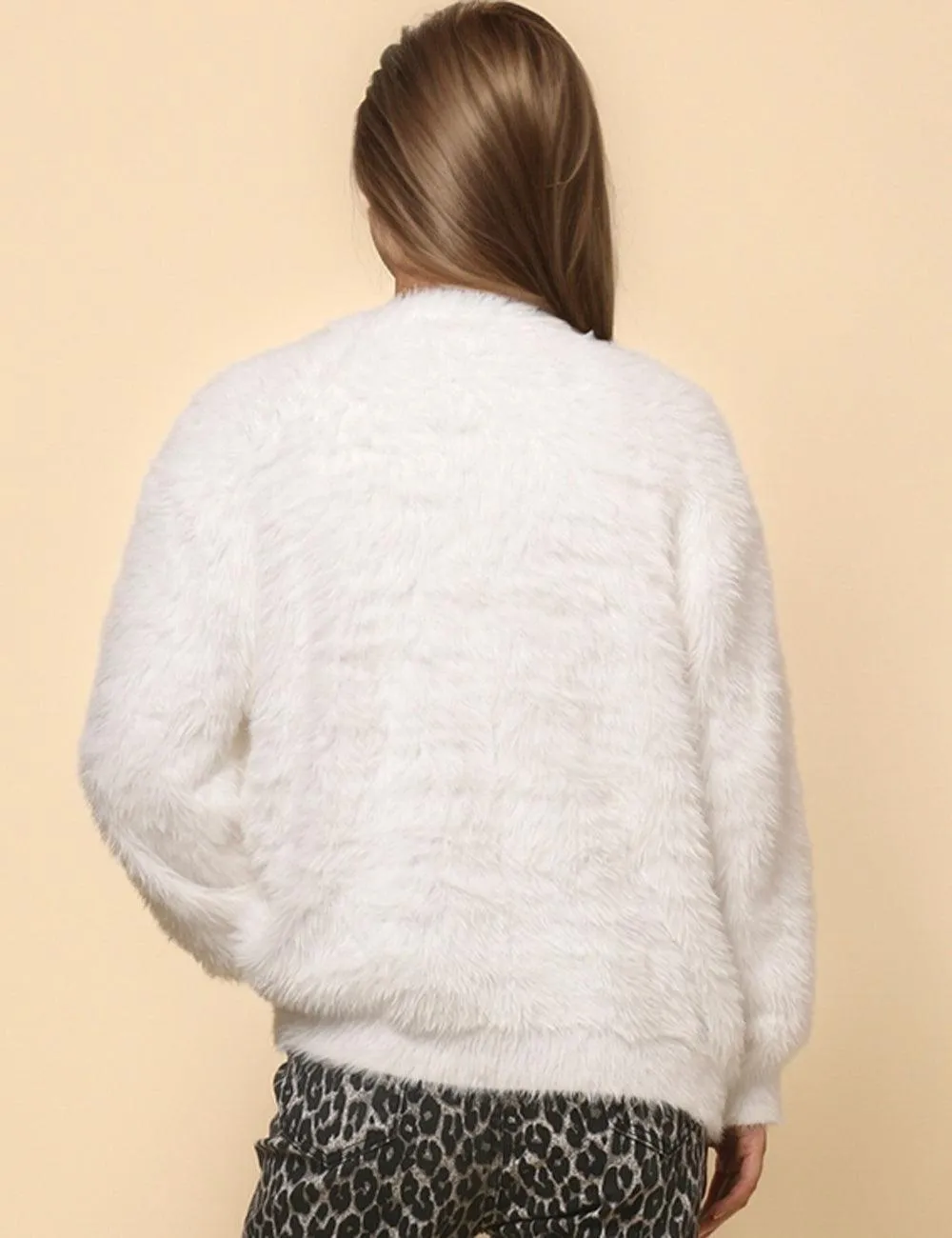 Ladies Solid Color Faux Mink V-Neck Cardigan SKT4730