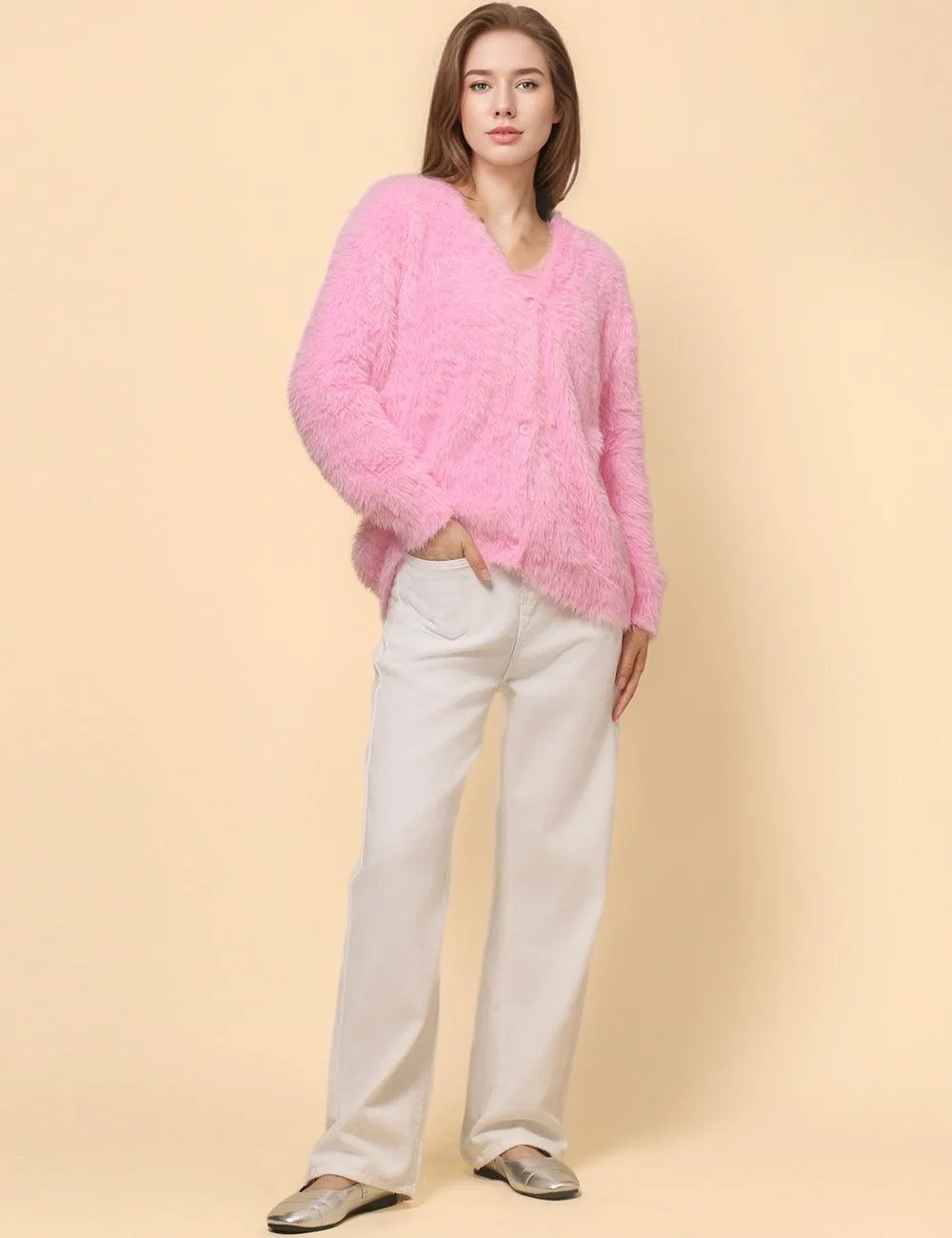 Ladies Solid Color Faux Mink V-Neck Cardigan SKT4730
