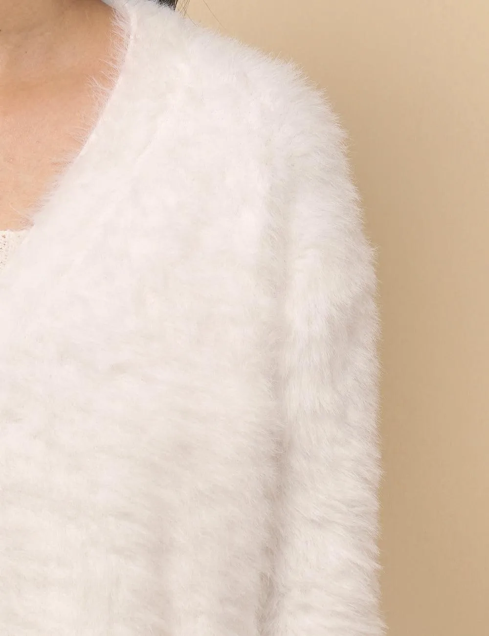 Ladies Solid Color Faux Mink V-Neck Cardigan SKT4730