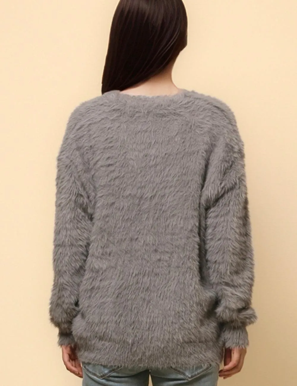 Ladies Solid Color Faux Mink V-Neck Cardigan SKT4730