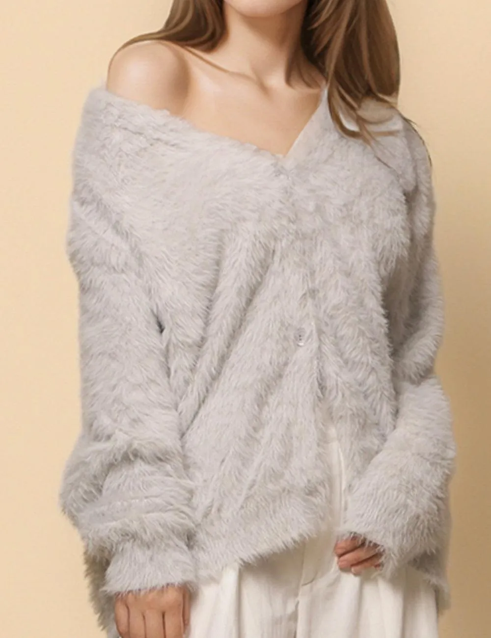 Ladies Solid Color Faux Mink V-Neck Cardigan SKT4730