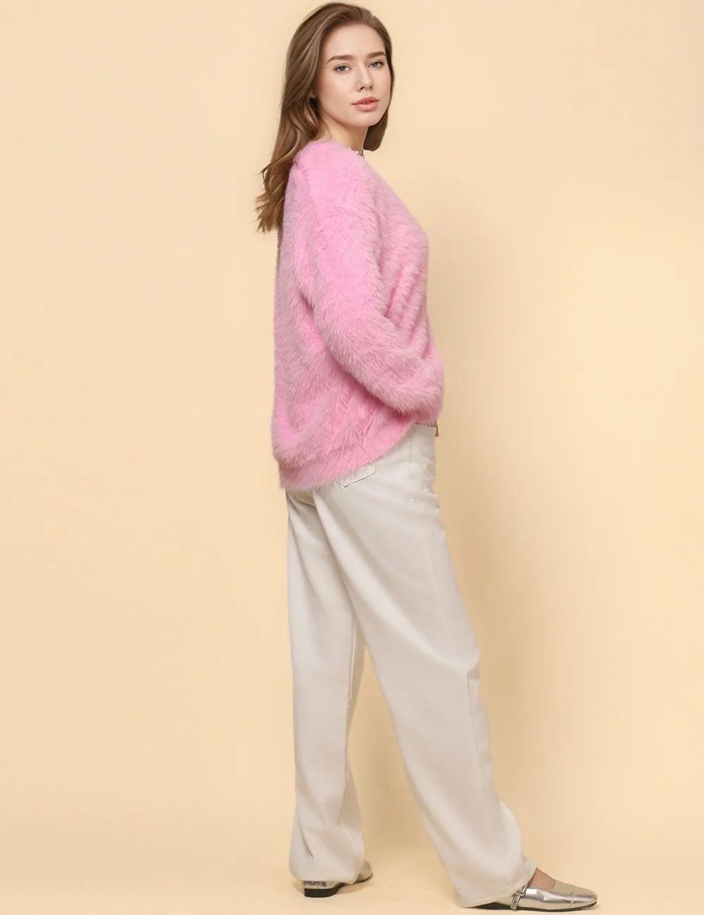 Ladies Solid Color Faux Mink V-Neck Cardigan SKT4730