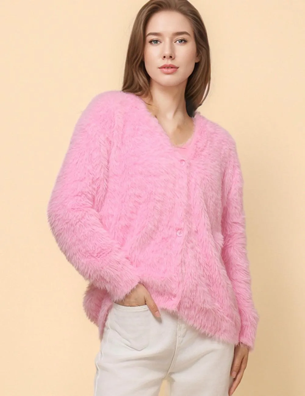 Ladies Solid Color Faux Mink V-Neck Cardigan SKT4730
