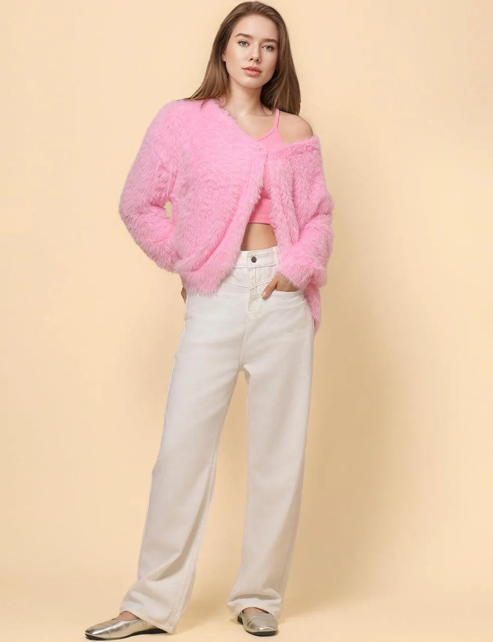 Ladies Solid Color Faux Mink V-Neck Cardigan SKT4730
