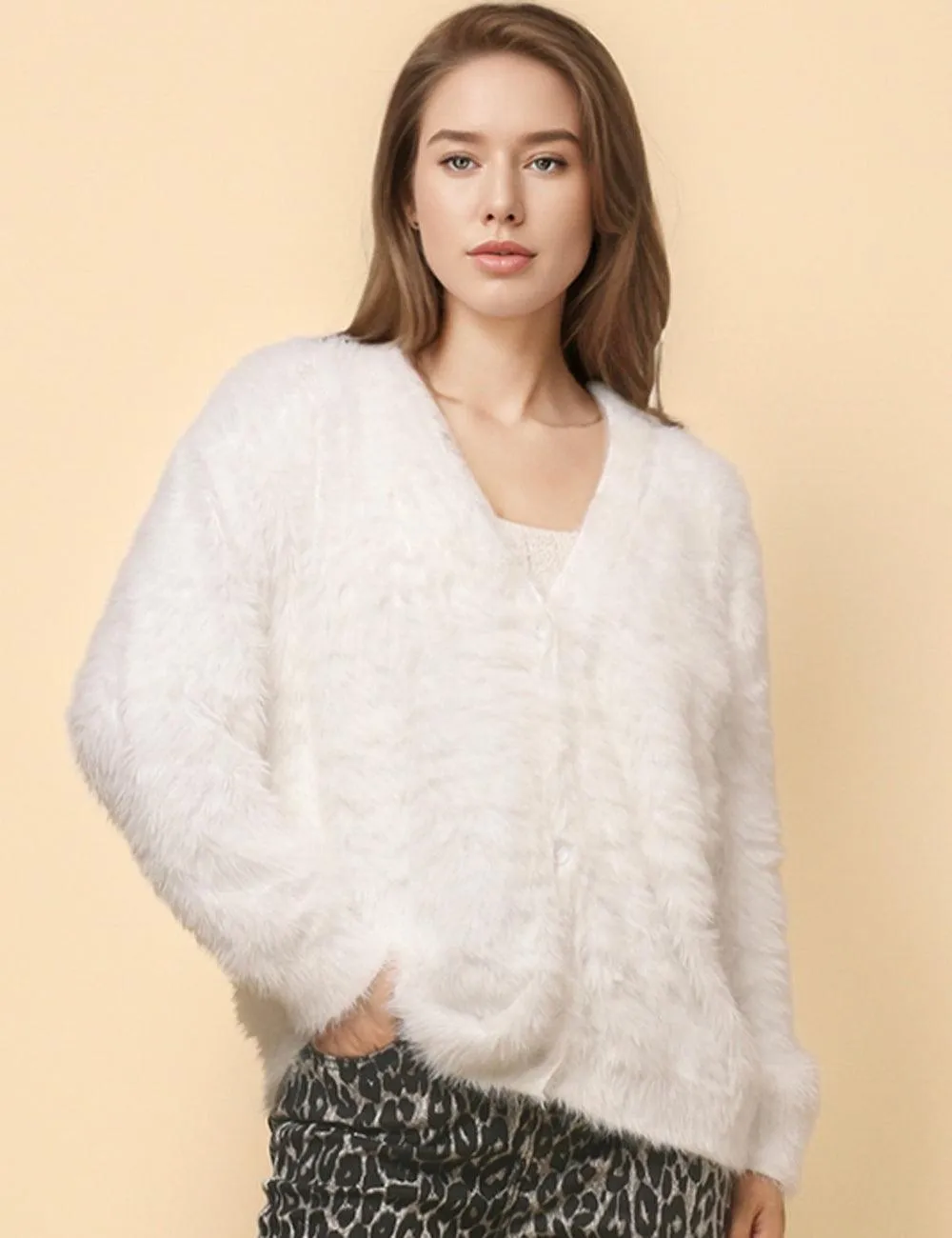 Ladies Solid Color Faux Mink V-Neck Cardigan SKT4730