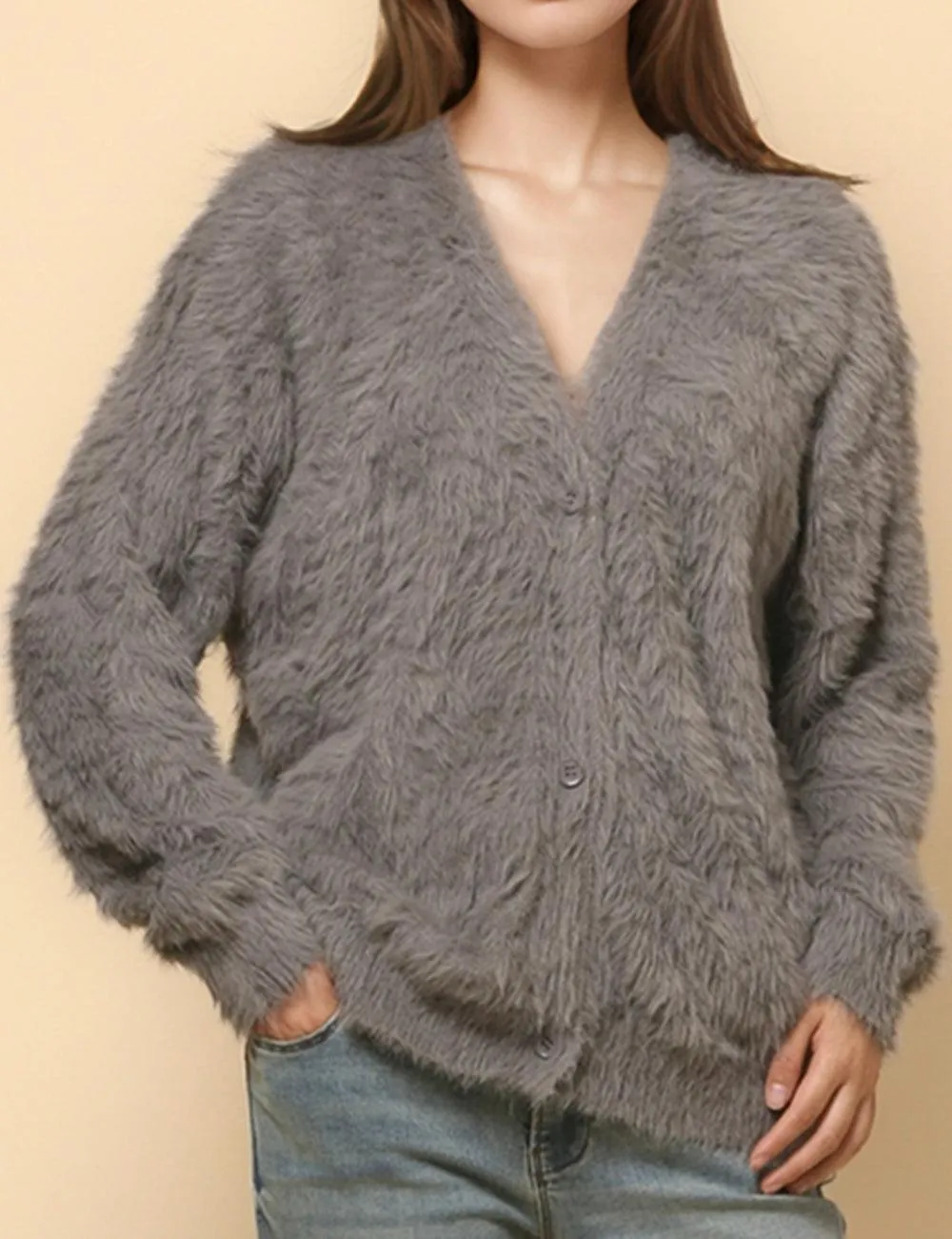 Ladies Solid Color Faux Mink V-Neck Cardigan SKT4730