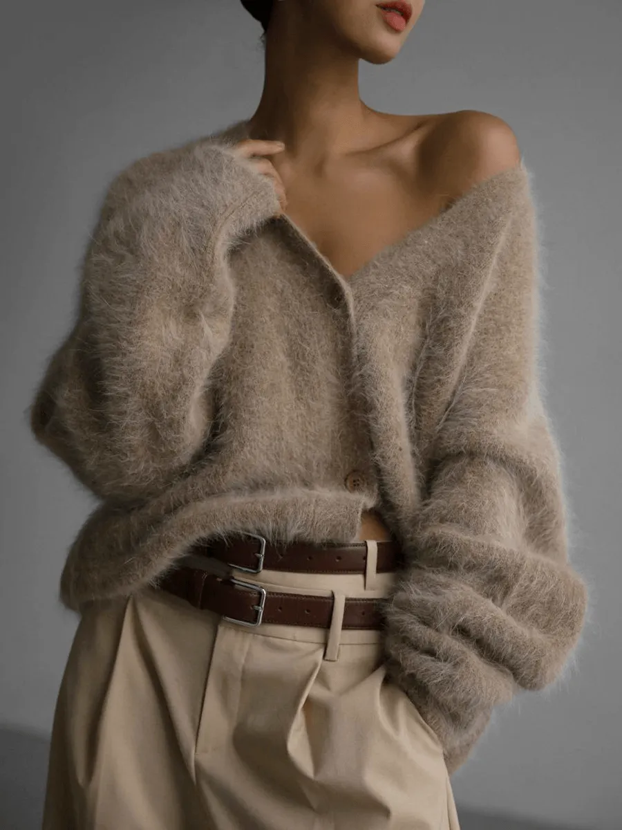 Ladies Solid Color Faux Mink V-Neck Cardigan SKT4730