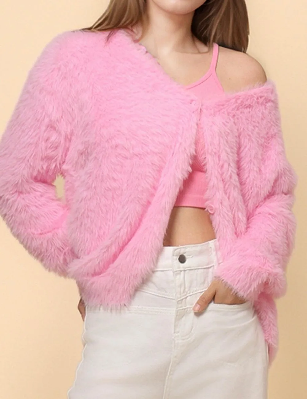 Ladies Solid Color Faux Mink V-Neck Cardigan SKT4730