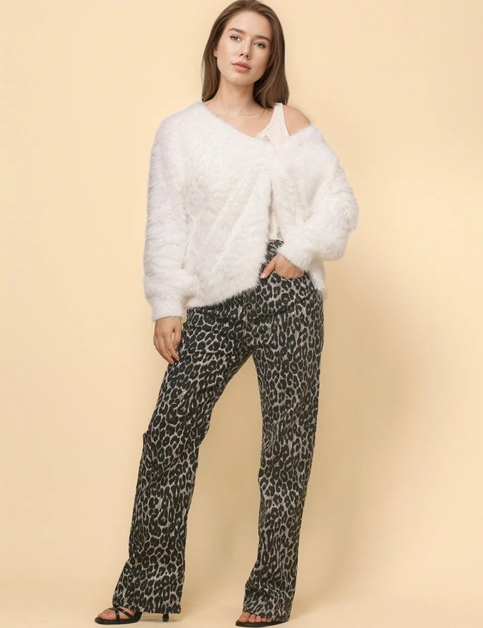 Ladies Solid Color Faux Mink V-Neck Cardigan SKT4730