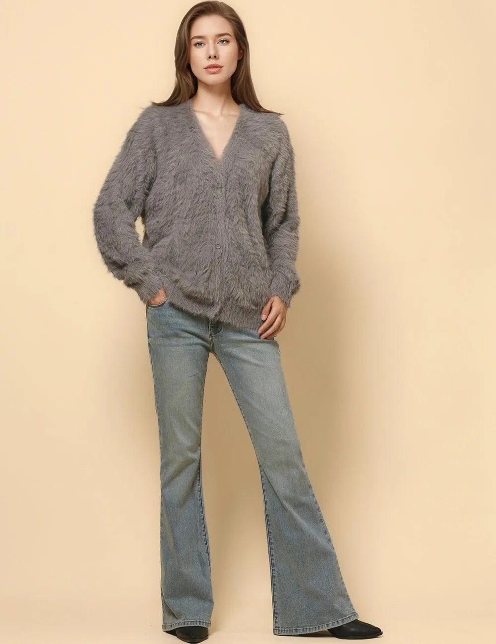 Ladies Solid Color Faux Mink V-Neck Cardigan SKT4730