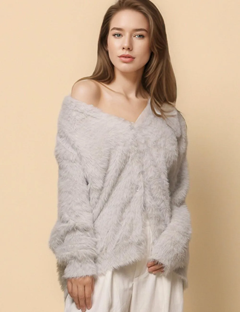 Ladies Solid Color Faux Mink V-Neck Cardigan SKT4730