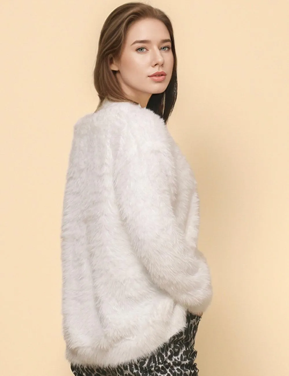 Ladies Solid Color Faux Mink V-Neck Cardigan SKT4730