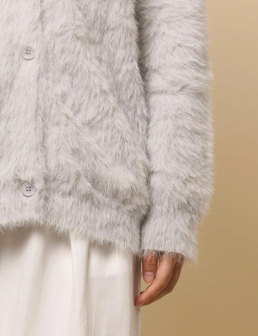 Ladies Solid Color Faux Mink V-Neck Cardigan SKT4730