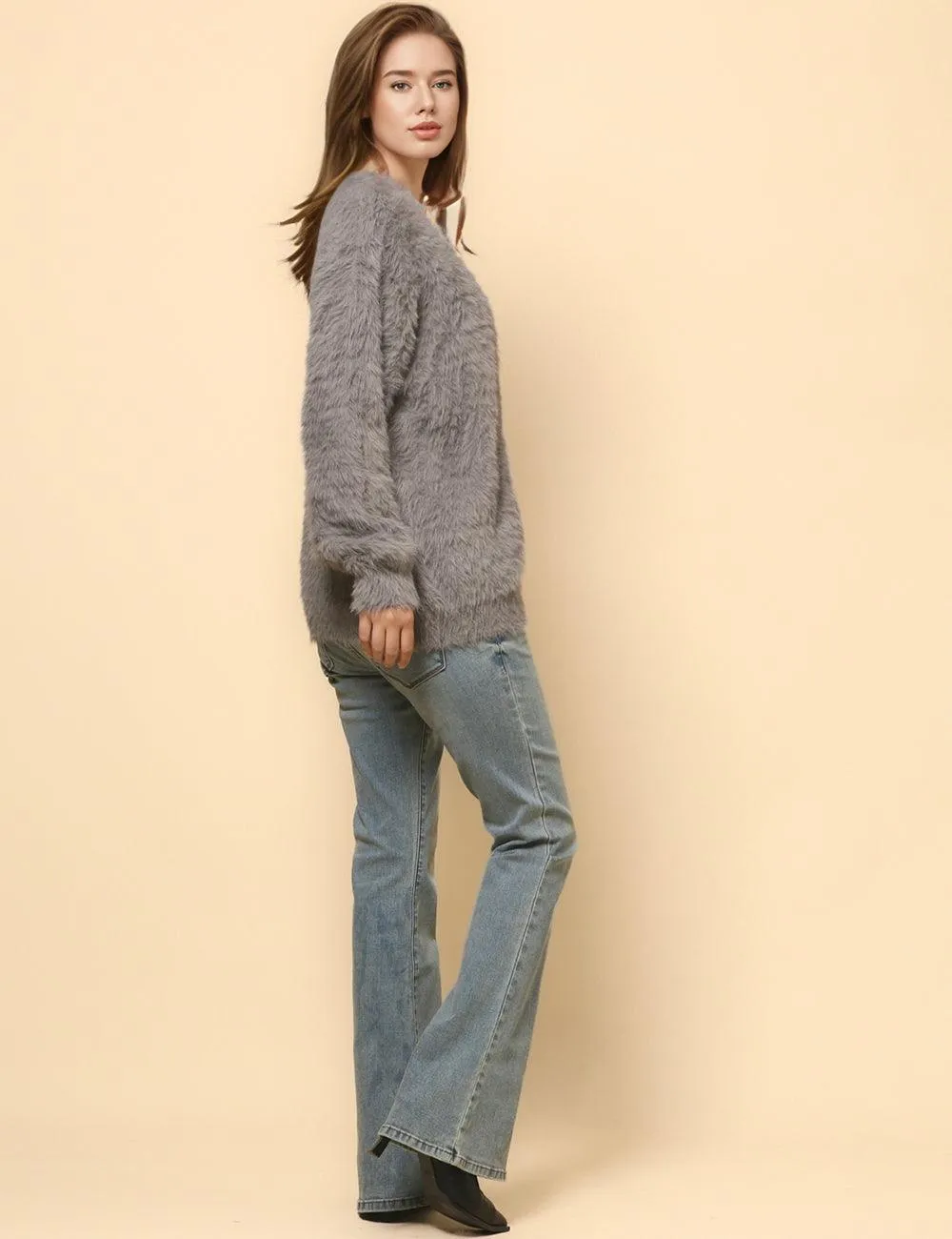Ladies Solid Color Faux Mink V-Neck Cardigan SKT4730