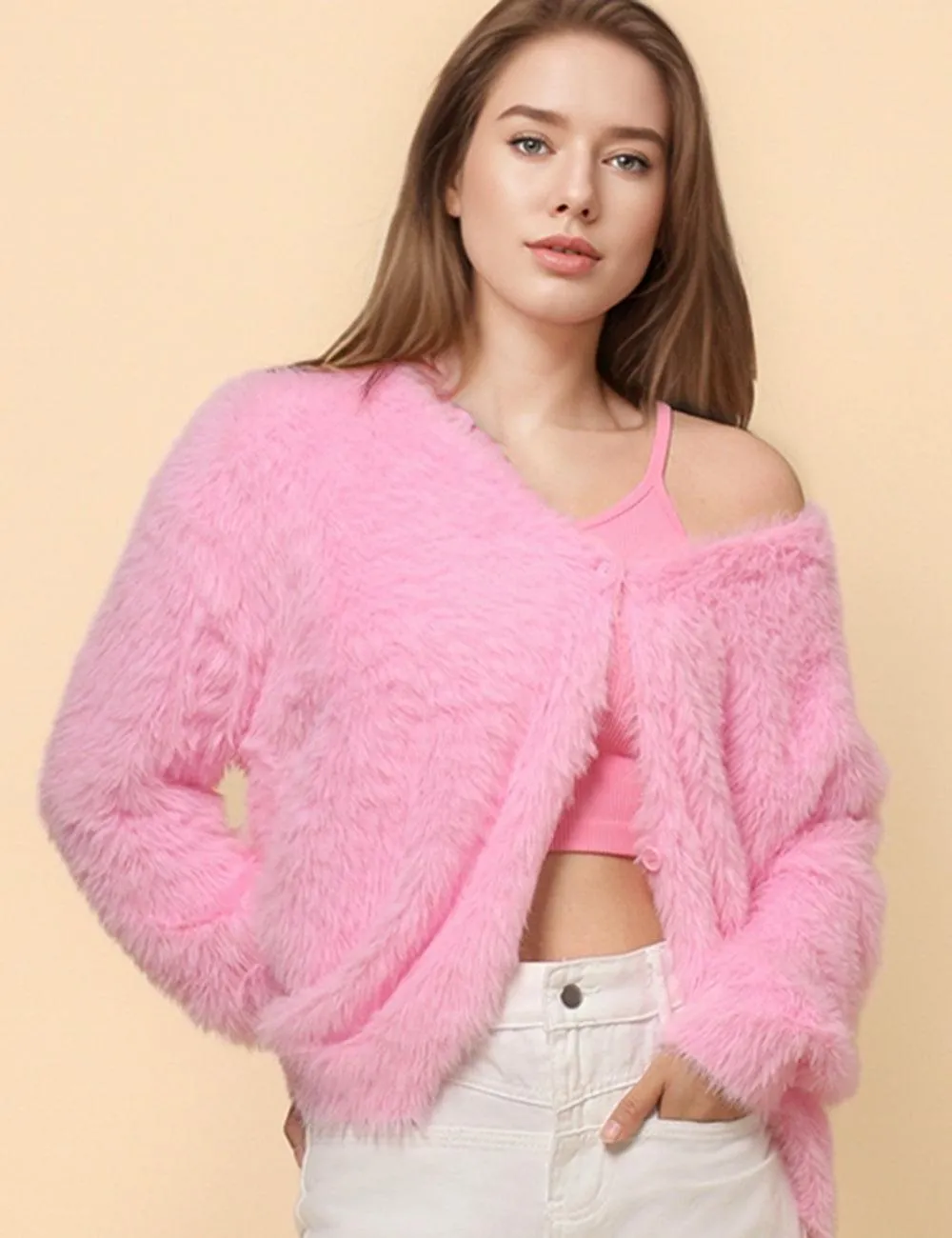 Ladies Solid Color Faux Mink V-Neck Cardigan SKT4730