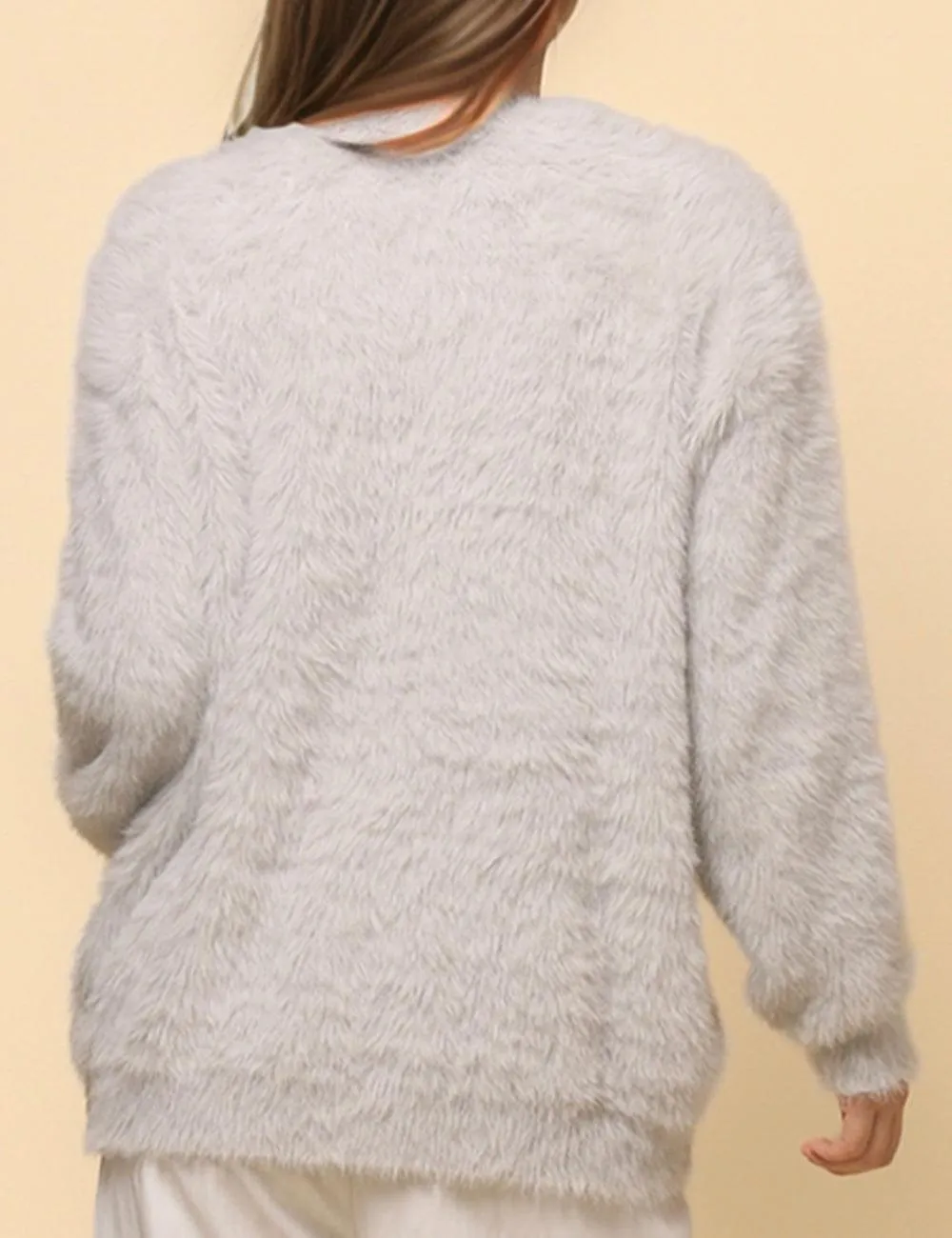 Ladies Solid Color Faux Mink V-Neck Cardigan SKT4730