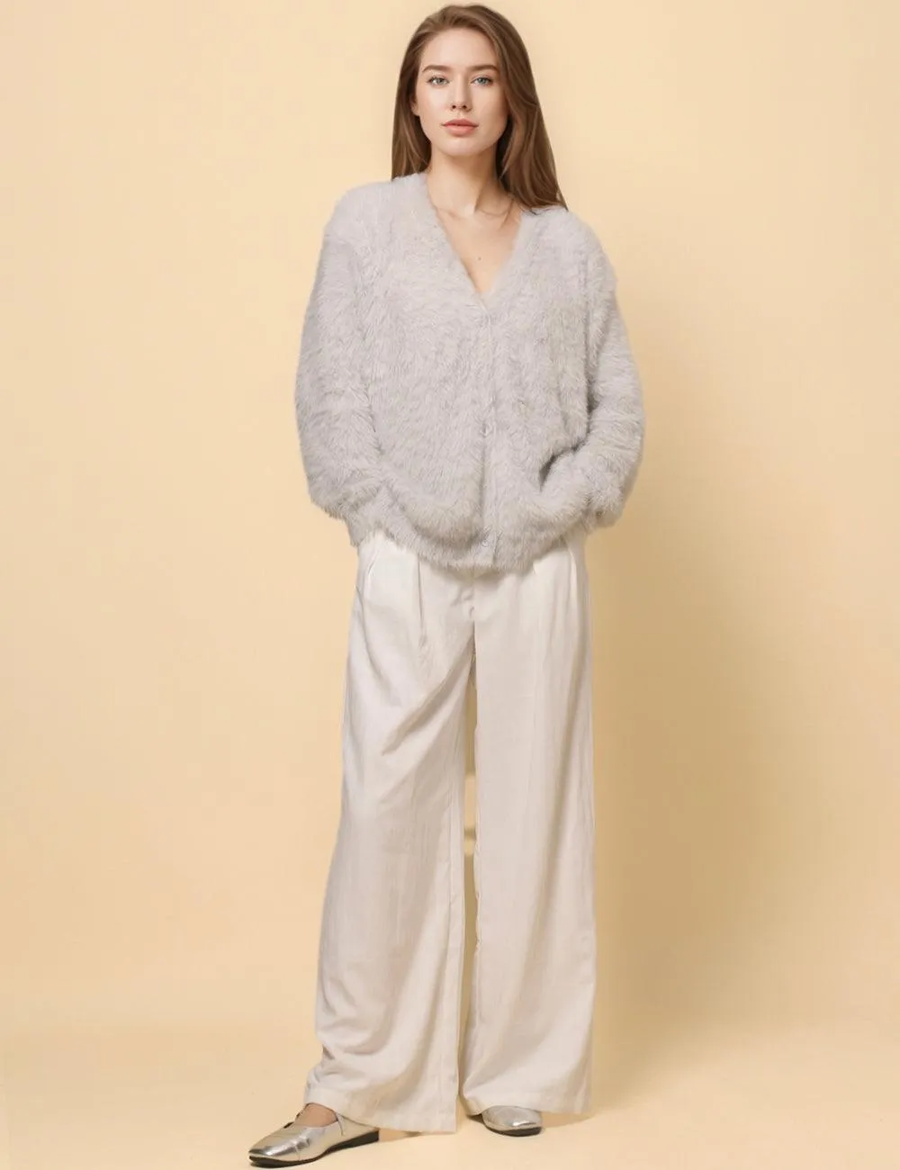 Ladies Solid Color Faux Mink V-Neck Cardigan SKT4730