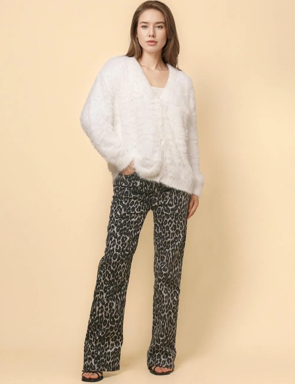 Ladies Solid Color Faux Mink V-Neck Cardigan SKT4730