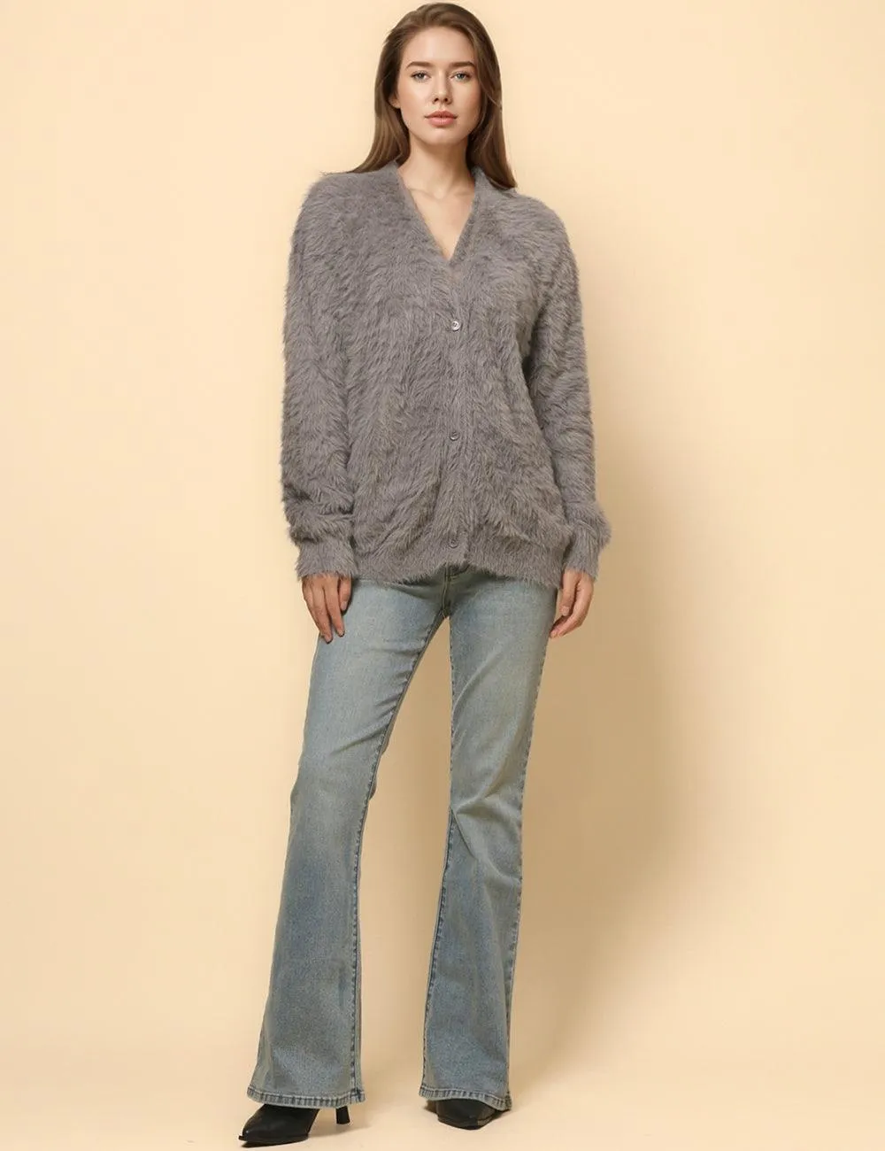 Ladies Solid Color Faux Mink V-Neck Cardigan SKT4730