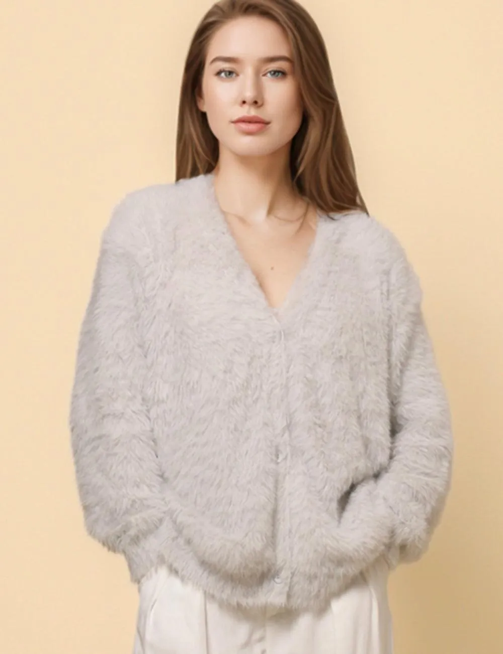 Ladies Solid Color Faux Mink V-Neck Cardigan SKT4730