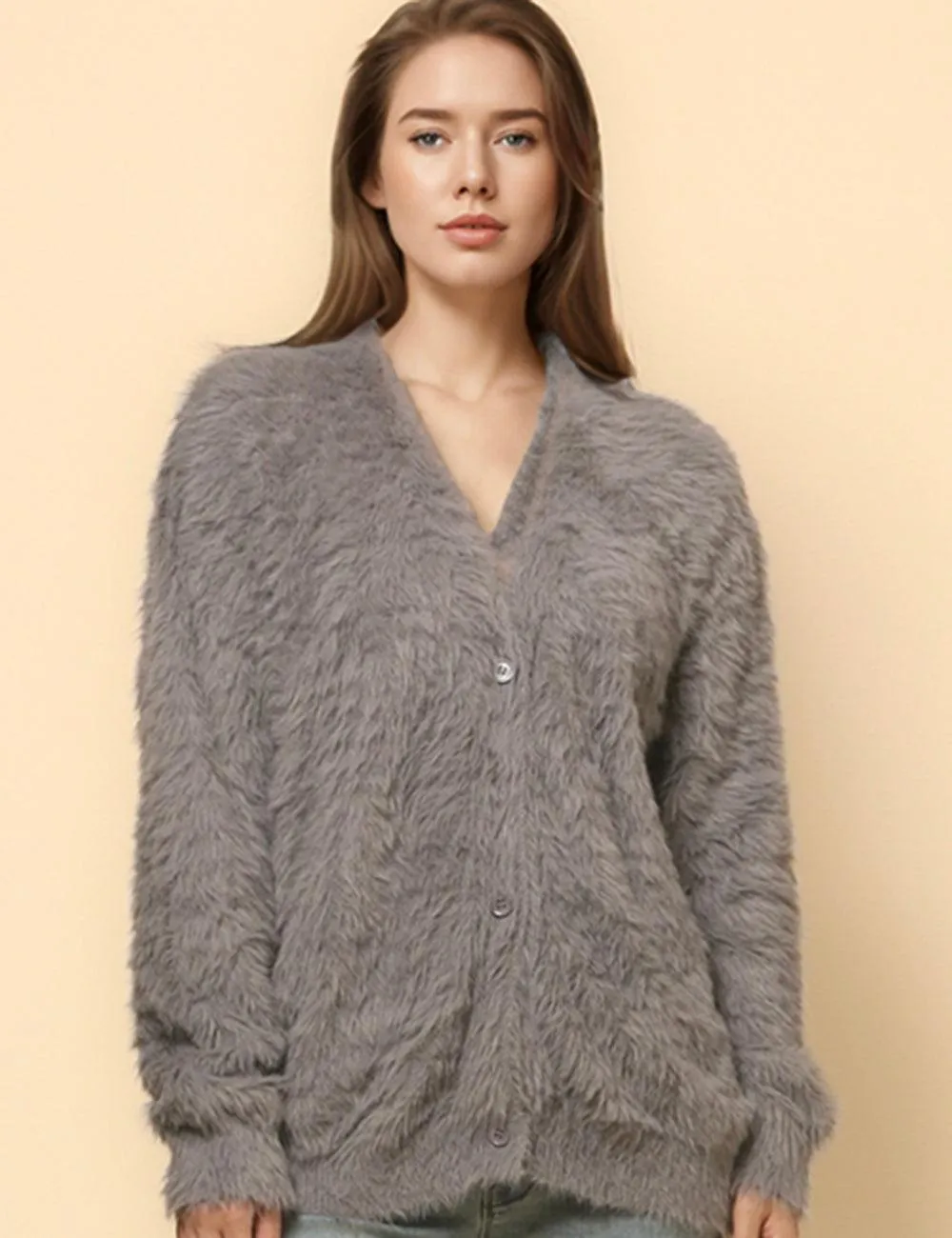 Ladies Solid Color Faux Mink V-Neck Cardigan SKT4730