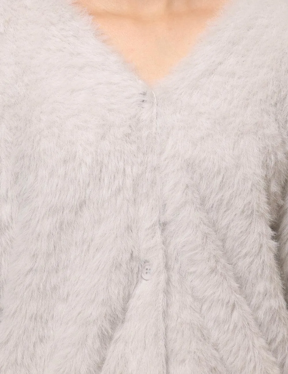 Ladies Solid Color Faux Mink V-Neck Cardigan SKT4730