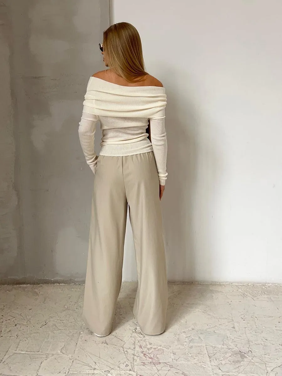 Ladies Solid Color Off Shoulder Knit Top TX0026