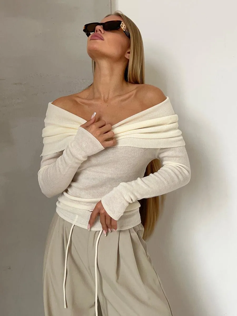 Ladies Solid Color Off Shoulder Knit Top TX0026