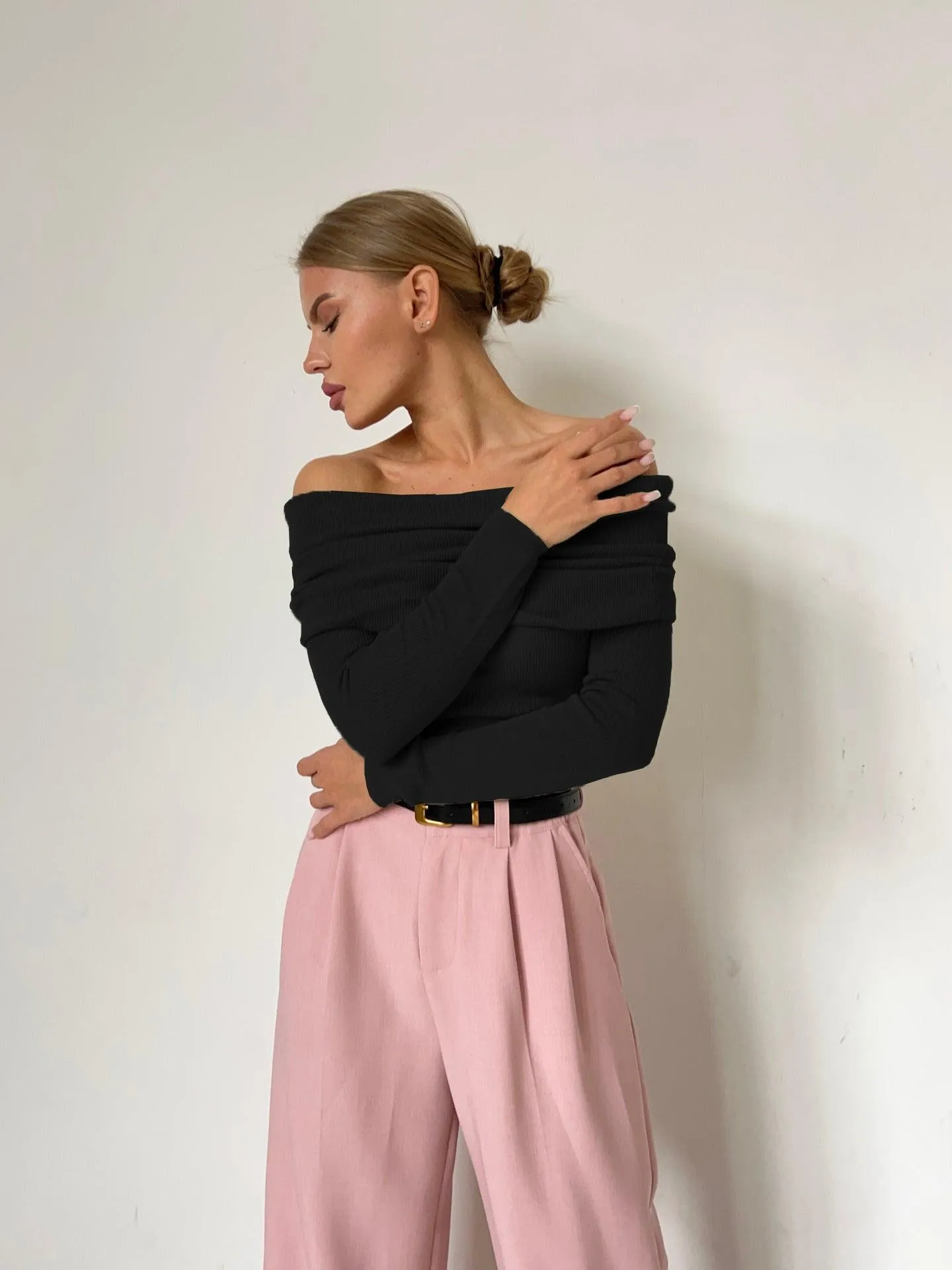 Ladies Solid Color Off Shoulder Knit Top TX0026