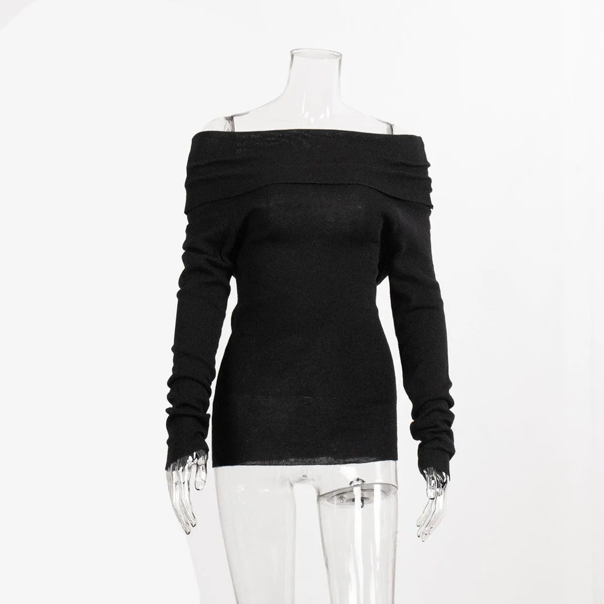 Ladies Solid Color Off Shoulder Knit Top TX0026