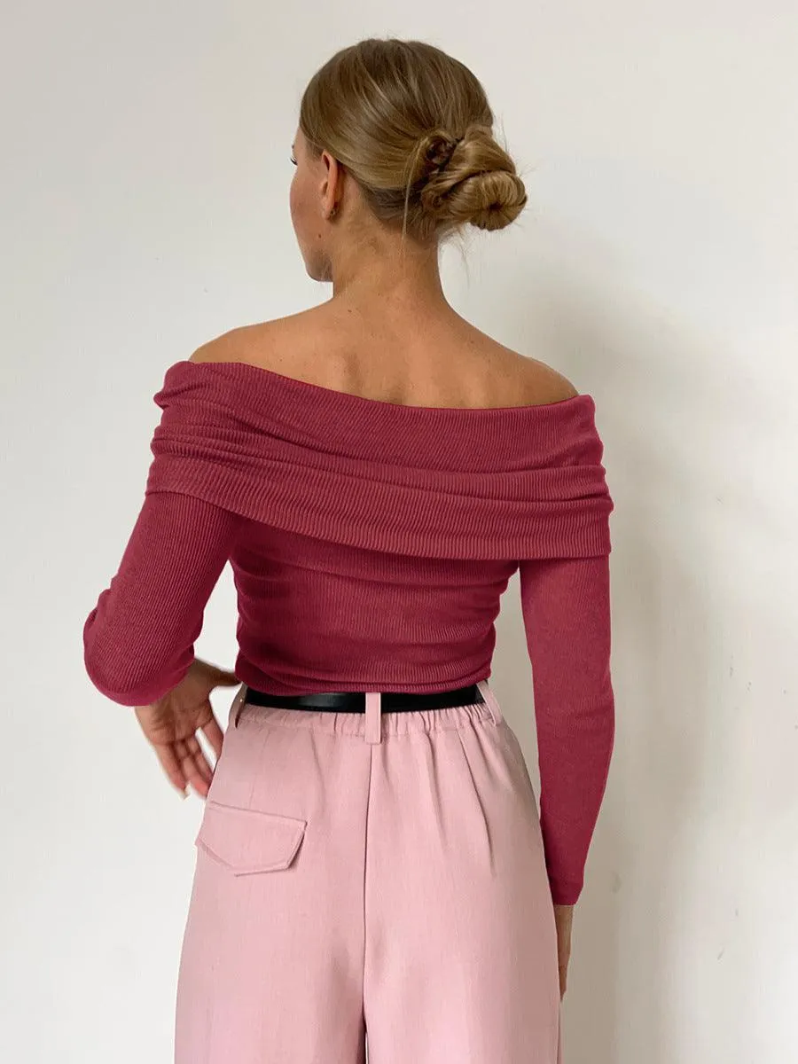 Ladies Solid Color Off Shoulder Knit Top TX0026