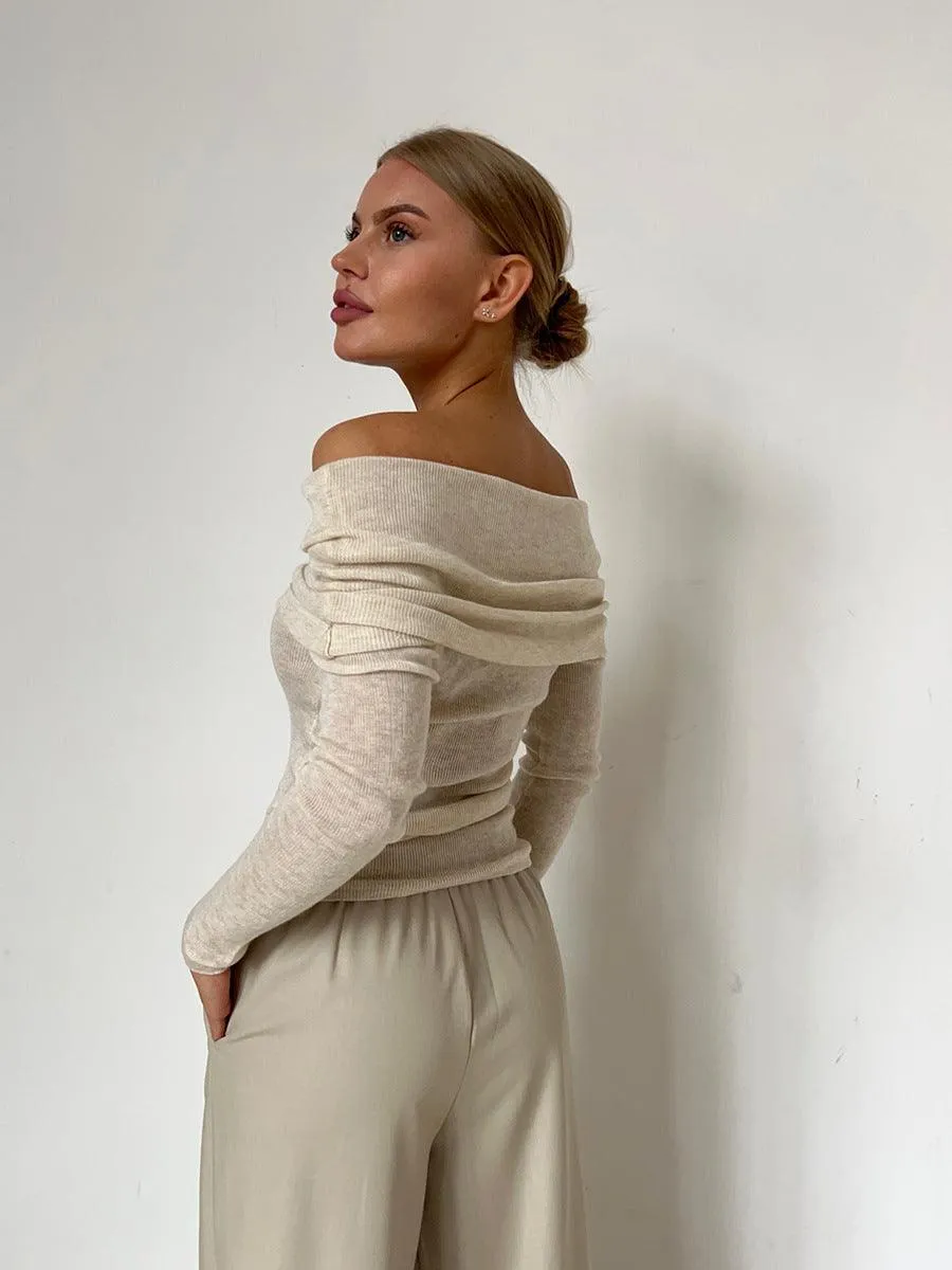 Ladies Solid Color Off Shoulder Knit Top TX0026