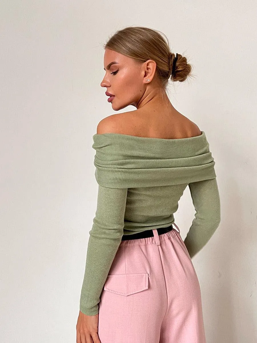 Ladies Solid Color Off Shoulder Knit Top TX0026