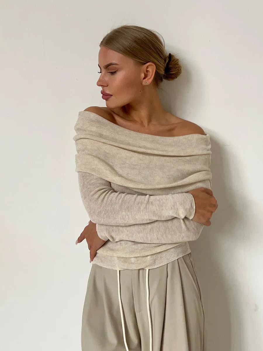 Ladies Solid Color Off Shoulder Knit Top TX0026