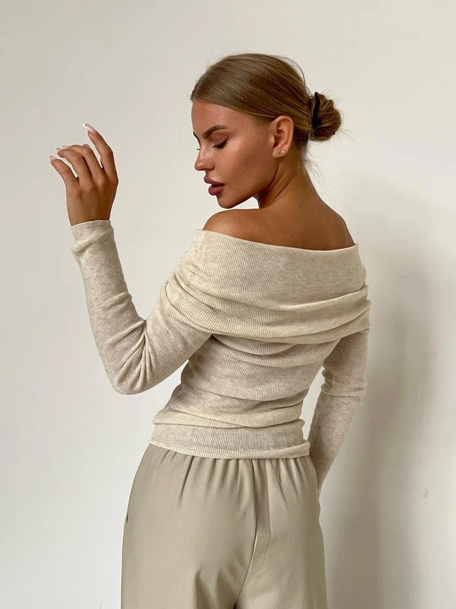Ladies Solid Color Off Shoulder Knit Top TX0026