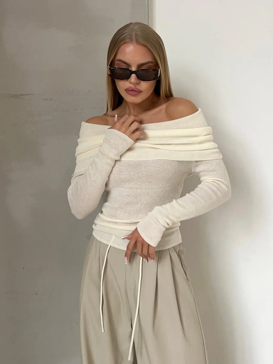 Ladies Solid Color Off Shoulder Knit Top TX0026