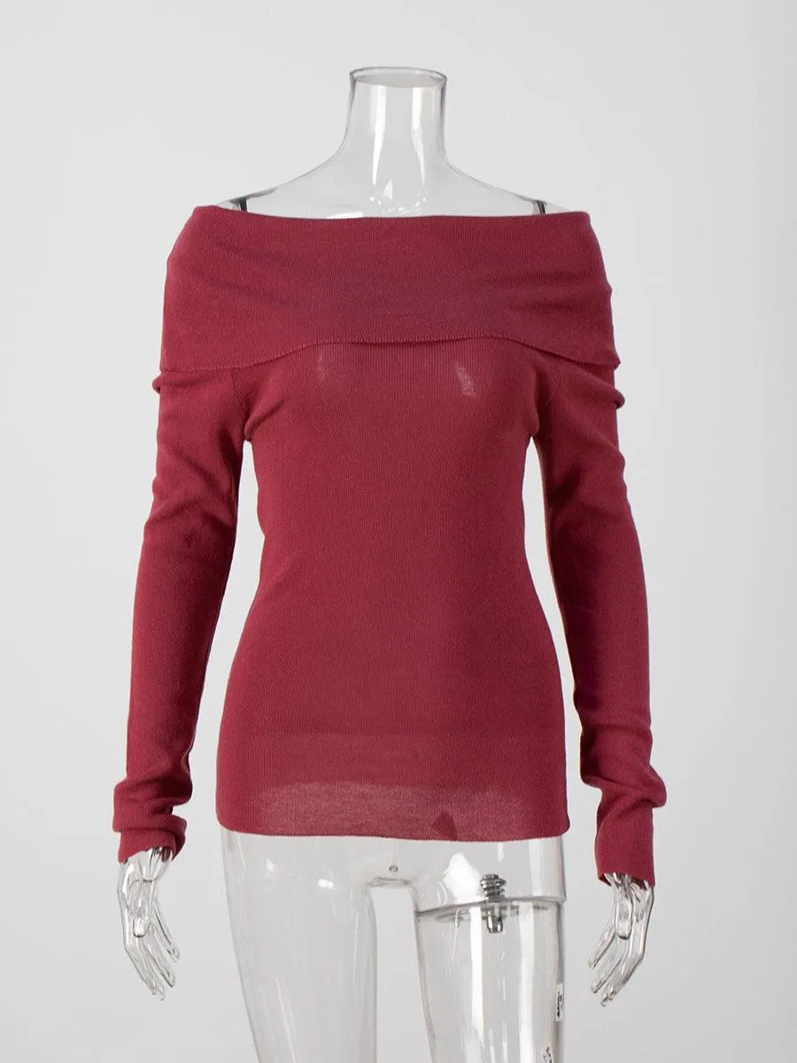 Ladies Solid Color Off Shoulder Knit Top TX0026