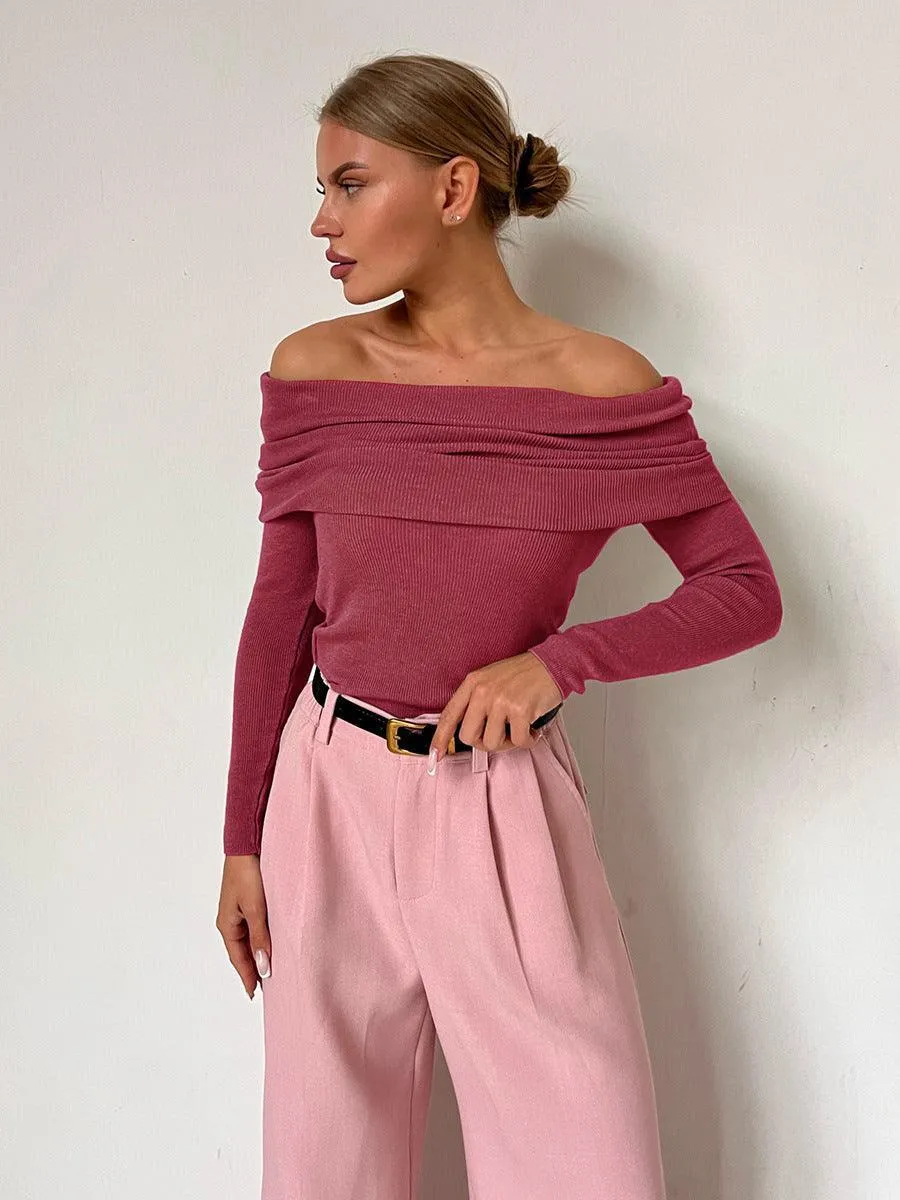 Ladies Solid Color Off Shoulder Knit Top TX0026