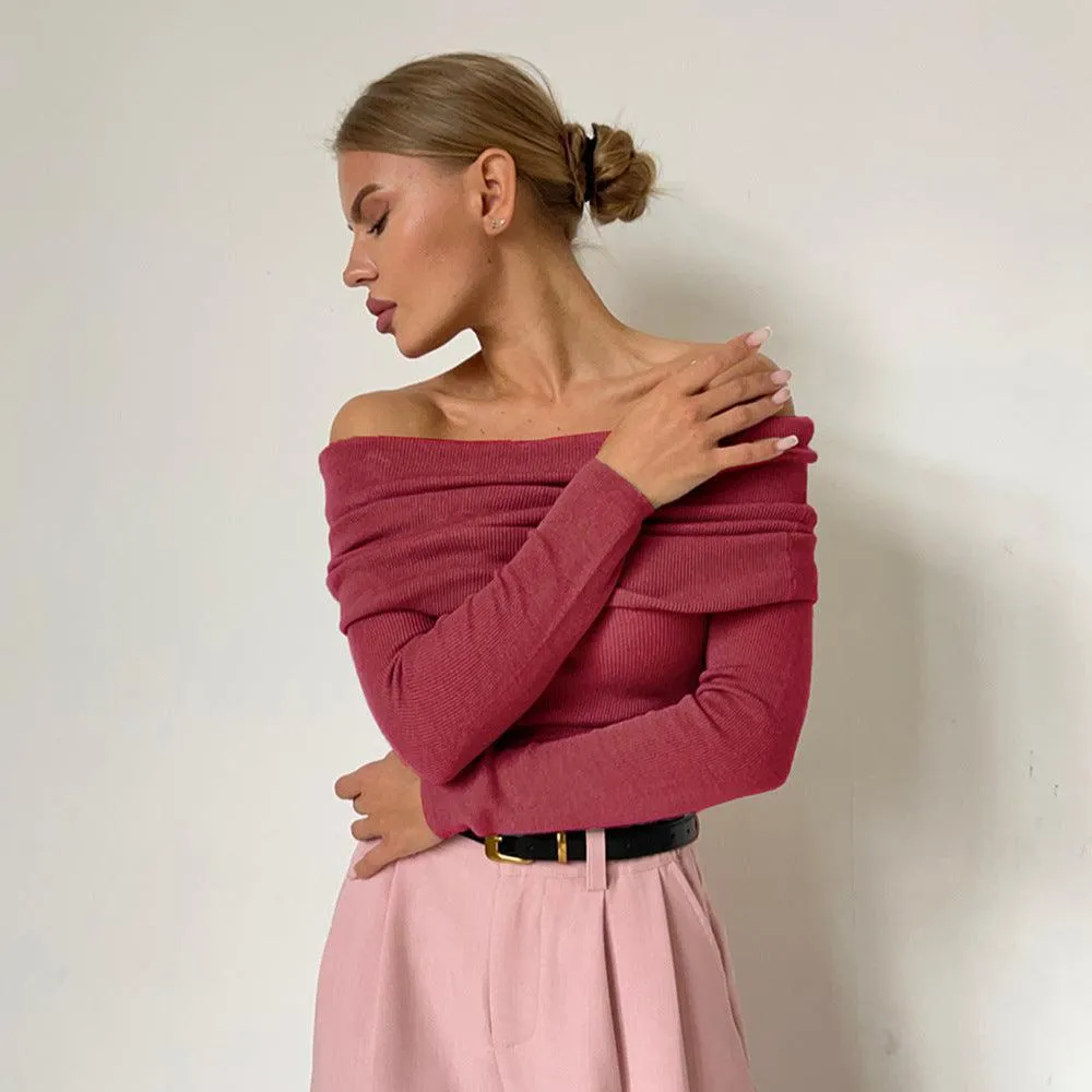 Ladies Solid Color Off Shoulder Knit Top TX0026