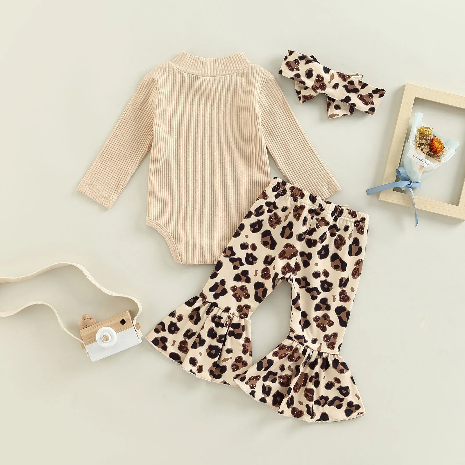 Leopard Print Girls Bell Bottom Set - 3 Pieces