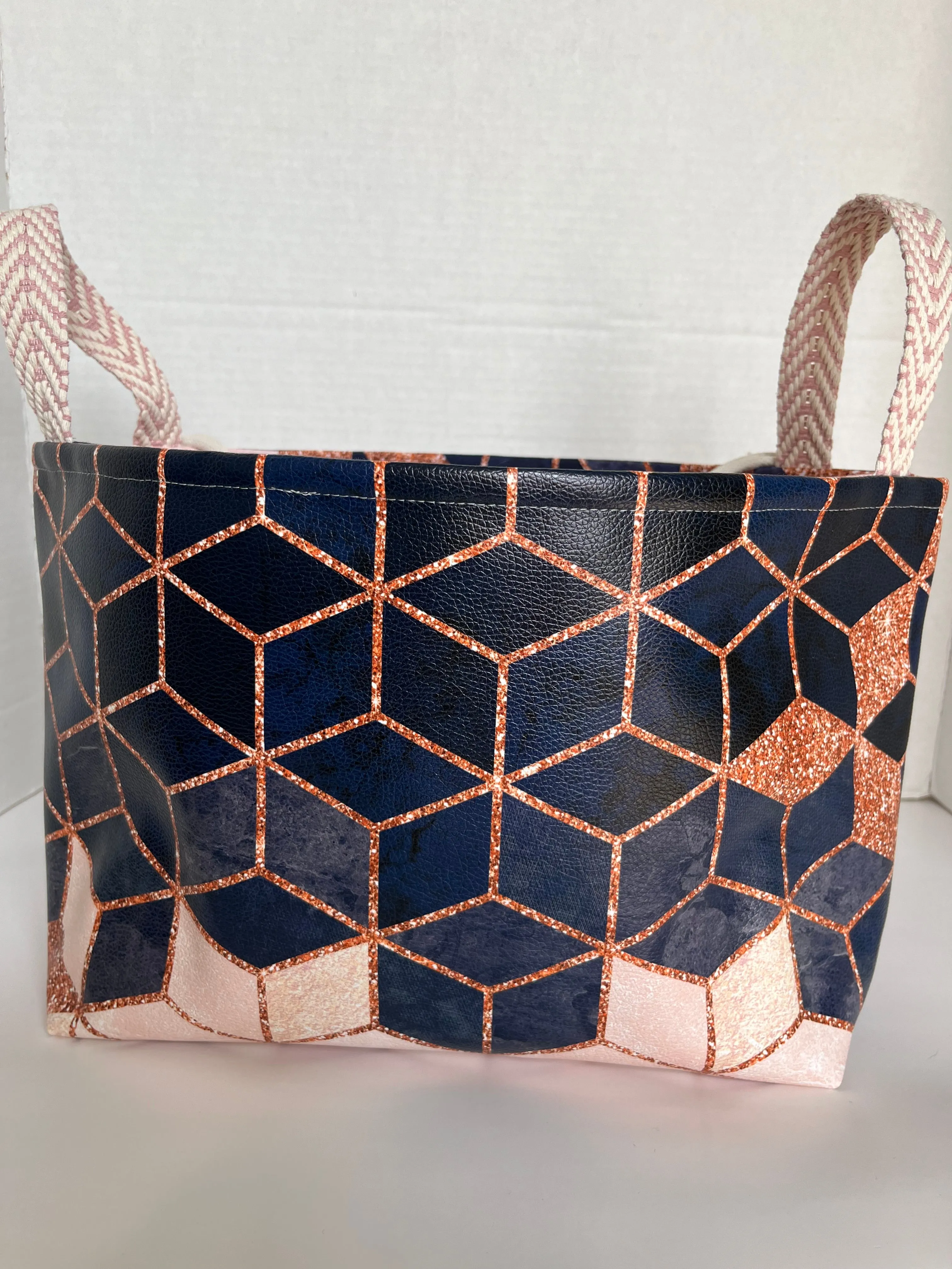 Navy Blue and Pink Geos Vinyl Storage Bucket, Project Bag