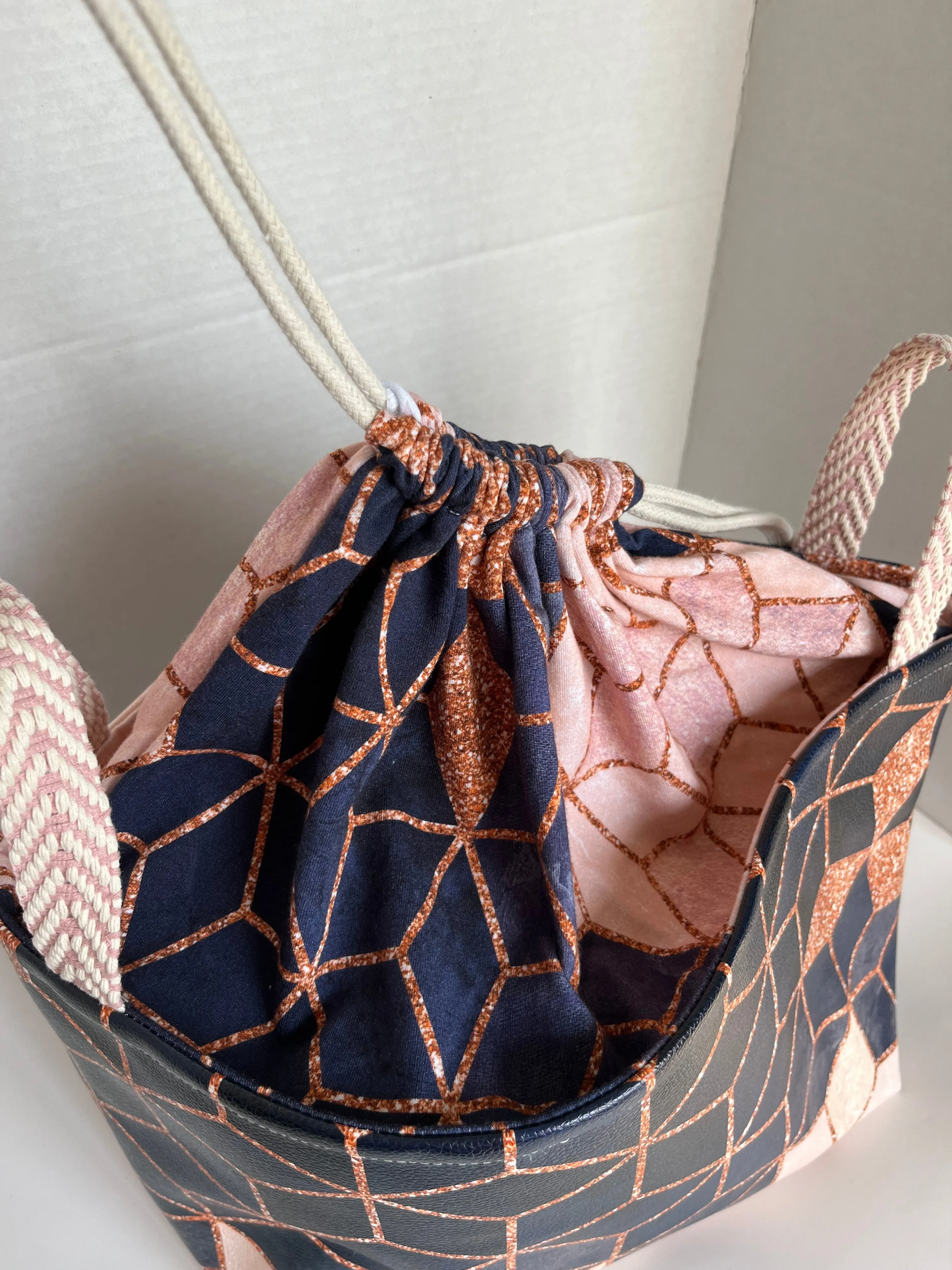 Navy Blue and Pink Geos Vinyl Storage Bucket, Project Bag