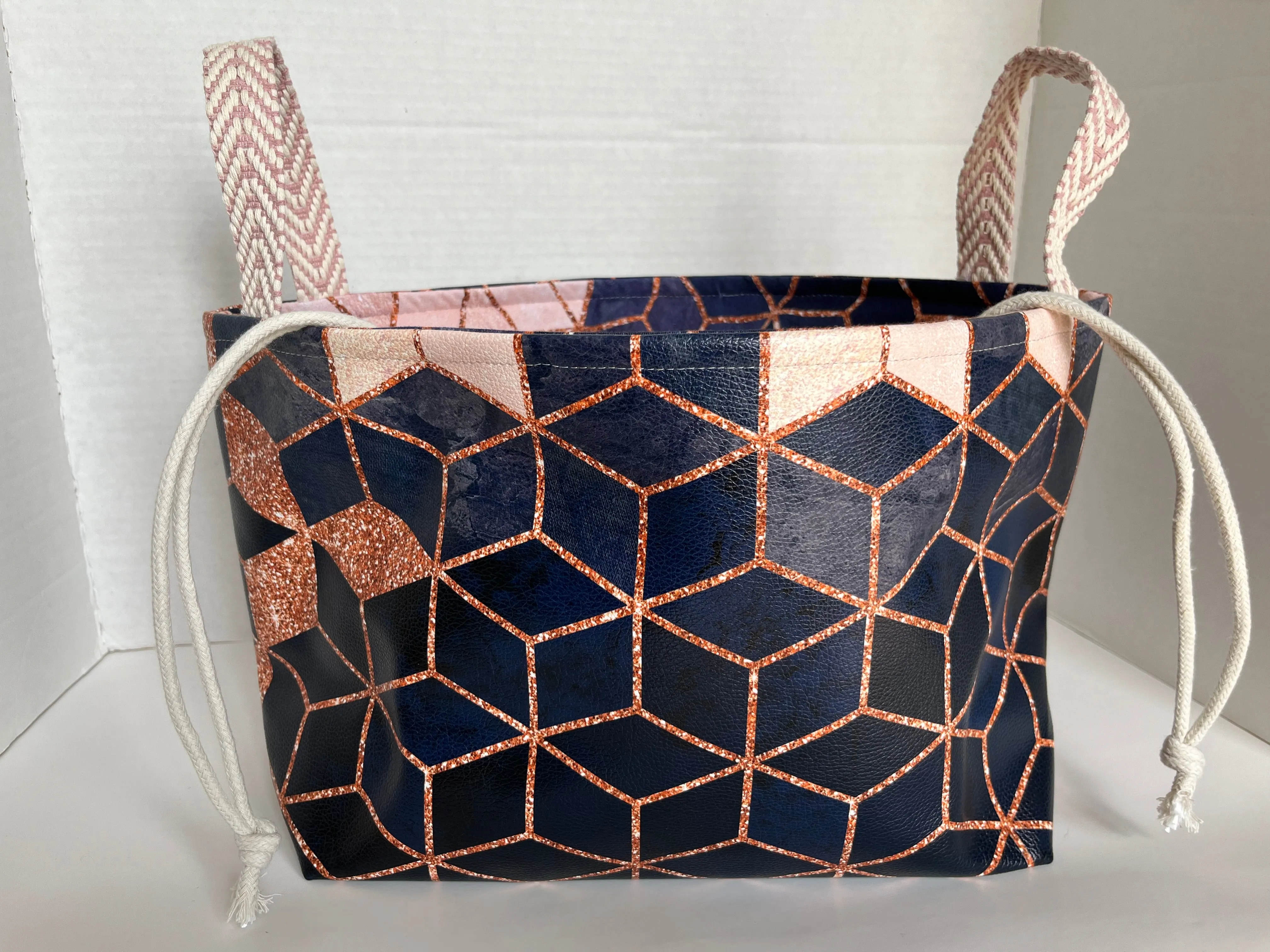 Navy Blue and Pink Geos Vinyl Storage Bucket, Project Bag