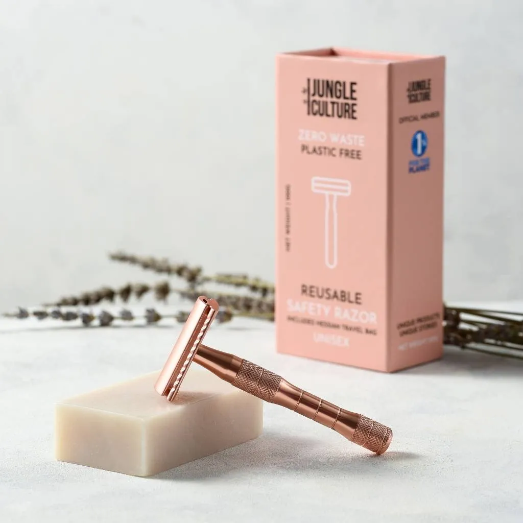 ***NEW*** Rose Gold Reusable Safety Razors w/ Natural Jute Travel Bag (Stand option)