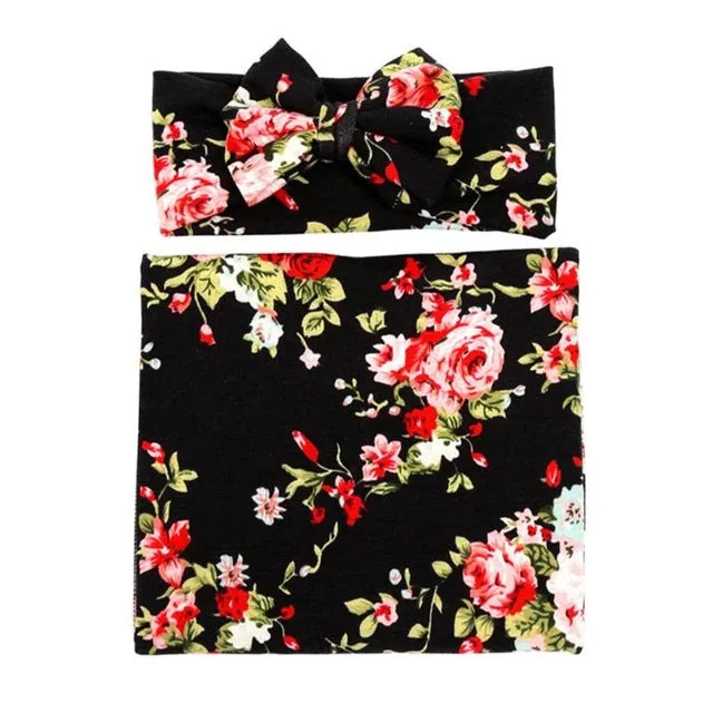 Newborn Baby Cute Flower Print Blanket Bowknot Headband Set Newborn Sleeping Swaddle Wrap Hairband Casual Accessories
