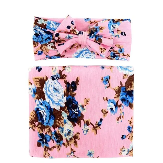 Newborn Baby Cute Flower Print Blanket Bowknot Headband Set Newborn Sleeping Swaddle Wrap Hairband Casual Accessories
